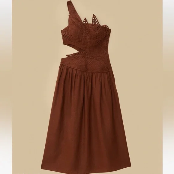 Farm Rio Burgundy Leaves Cut-Out Lenzing Ecovero Euroflax Midi Dress - Picture 4 of 9